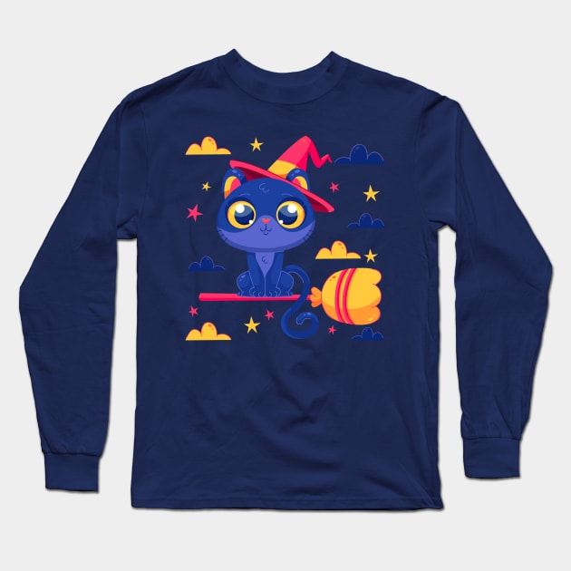 Halloween Witch Kitty Long Sleeve T-Shirt by machmigo